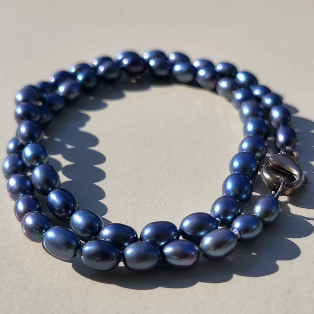 Vintage 925 Sterling Silver Black Pearl Necklace Blue Iridescent Beaded